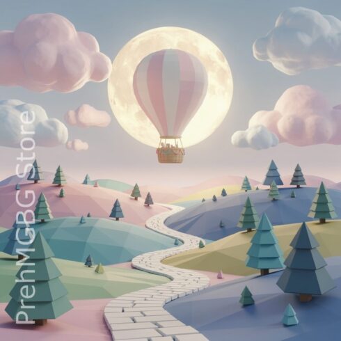 Surreal Landscape with Hot Air Balloon, Moon, Colorful Rolling Hills, Pine Trees, and Winding Path cover image.