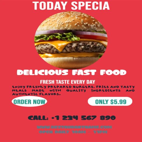 Modern Fast Food Promotion Flyer Template for Burger Restaurant Menu Advertising Social Media Post and Street Food Business Marketing cover image.