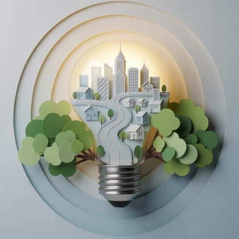 Creative 3D Paper-Cut Style Artwork of a Light Bulb with a Growing Cityscape Inside cover image.