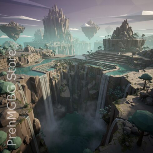 Surreal Fantasy Landscape with Cascading Waterfall Flowing Over Rocky Cliffs cover image.