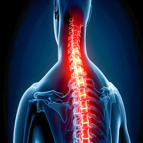 AI Generated Human Spine Anatomy with Intervertebral Disc Herniation, Neck and Back Pain, Hip Joint Inflammation, Futuristic Medical Illustration 8K cover image.