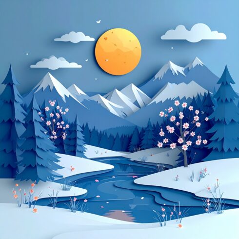 Blue Papercut Art Illustration of a Snowy Mountain Landscape with Sun, Cherry Blossoms, and Minimalist Nature Design cover image.