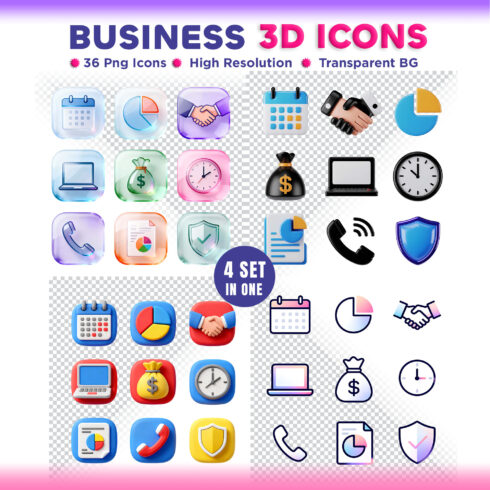 4 In One Set 3d Business Finance 36 Icons Bundle For Web cover image.