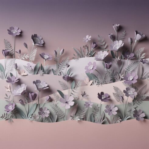 Layered Paper Art Landscape Featuring Delicate Purple Flowers and Botanical Plants in Elegant Cutout Style cover image.