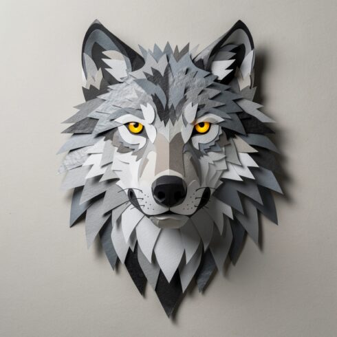 Striking Paper Art Wolf Portrait with Intense Yellow Eyes and Layered Grey Fur in Detailed Cutout Style cover image.