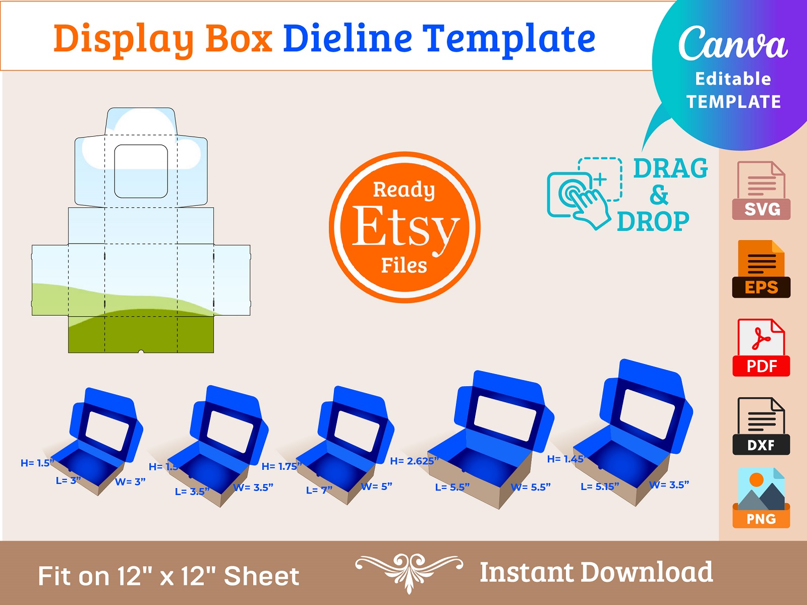 5 different sizes Display Box Template with window design - MasterBundles