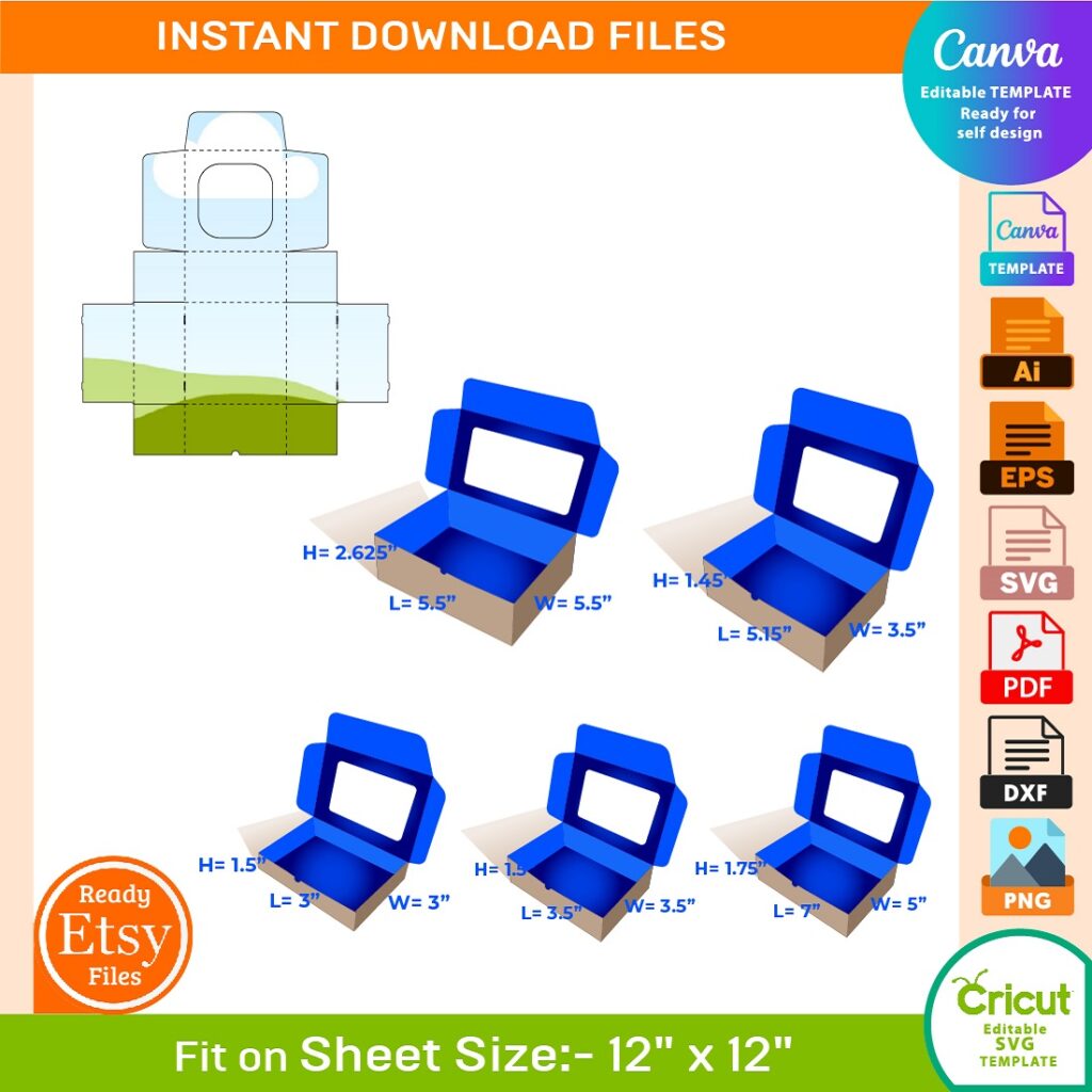 5 different sizes Display Box Template with window design - MasterBundles