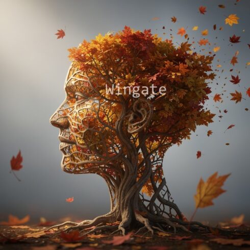 Symbolic Tree in the Shape of a Human Head with Dispersing Autumn Leaves cover image.
