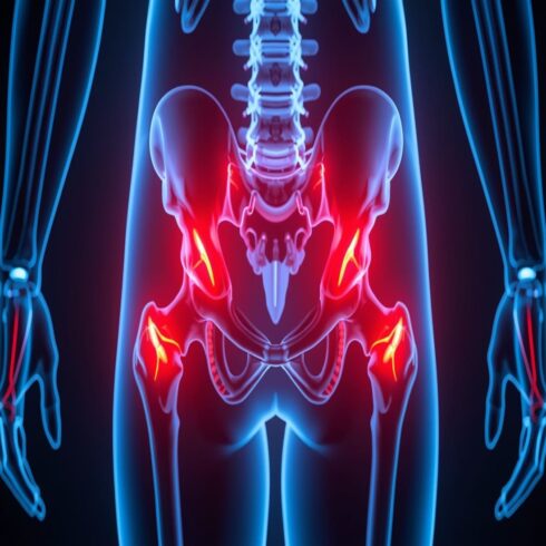 AI Generated Spine Anatomy with Sciatica Pain, Lower Back Pain, Hip Joint Inflammation and Sitting Posture Problems, Futuristic Medical Illustration 8K cover image.