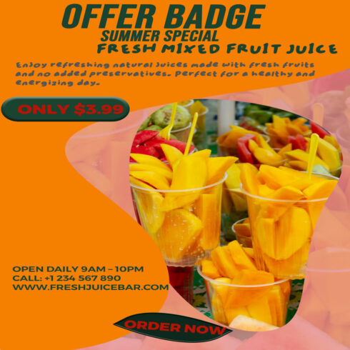 Fresh Natural Juice Promotion Flyer Template for Smoothie Bar, Cafe Menu, Summer Drink Advertising and Healthy Beverage Marketing cover image.