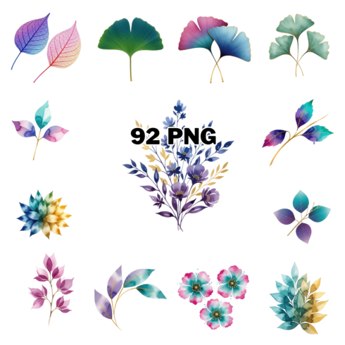 Watercolor Leaves, Ginkgo, and Floral Branches Sublimation Clipart Bundle cover image.