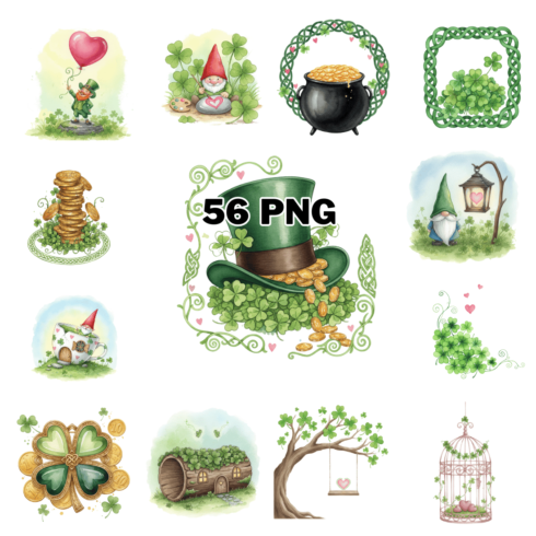 Watercolor Lucky Irish Elements with Shamrock Sublimation Clipart Bundle cover image.