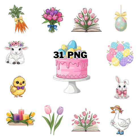 Watercolor Spring Flowers, Festive Cakes, and Garden Animals Sublimation Clipart Bundle cover image.