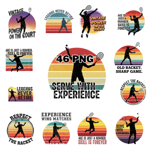Vintage Retro Sunset Tennis Player Silhouette Sublimation Clipart Bundle cover image.