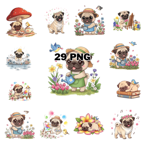 Charming Pug Dog With Diverse Hobbies Sublimation Clipart Bundle cover image.