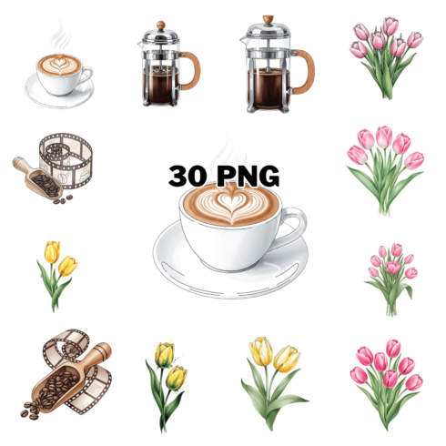 Spring Chocolate Bunny and Coffee with Tulips Sublimation Clipart Bundle cover image.