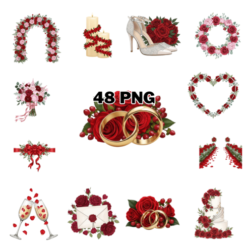 Romantic Wedding Red Theme Sublimation Clipart Bundle cover image.