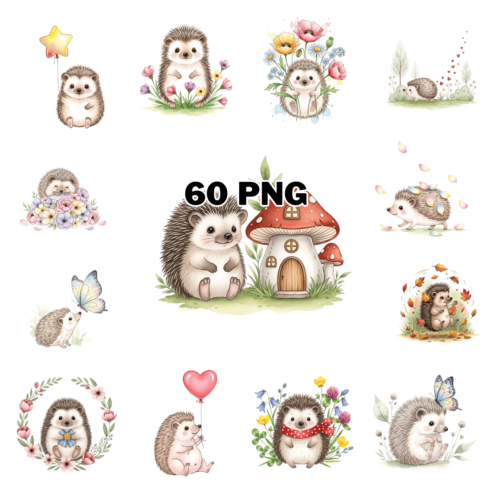 Cute Whimsical hedgehog Sublimation Clipart Bundle cover image.