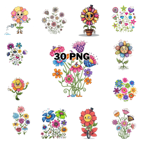 Whimsical quirky Flowers Sublimation Clipart Bundle cover image.