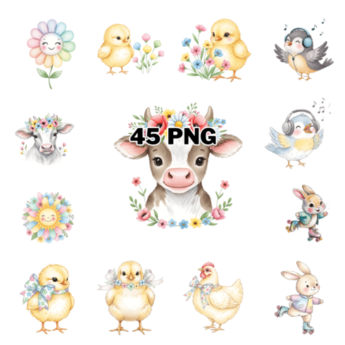 Whimsical Watercolor Spring Farmhouse Sublimation Clipart Bundle cover image.