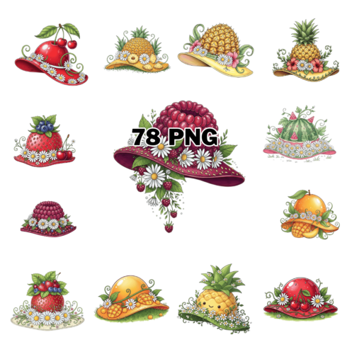 Whimsical Summer Fruit Hat with Daisies and Leaves Sublimation Clipart Bundle cover image.