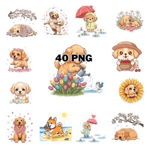 Spring Season Golden Retriever Sublimation Clipart Bundle cover image.