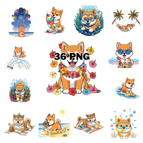 Summer Season Shiba Inu Puppy Sublimation Clipart Bundle cover image.