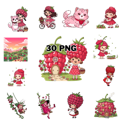 Whimsical Cute Raspberry Girl in Magical Garden Sublimation Clipart Bundle cover image.