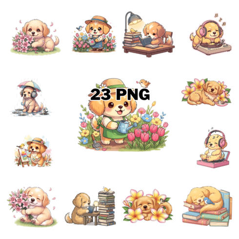 Adorable Golden Retriever Puppy in Garden Sublimation Clipart Bundle cover image.