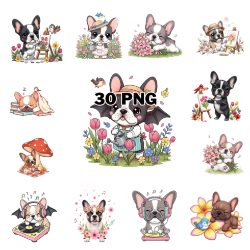 Whimsical French Bulldog With Bat Wings Sublimation Clipart Bundle cover image.