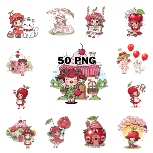 Adorable Cherry Girl in Garden Sublimation Clipart Bundle cover image.