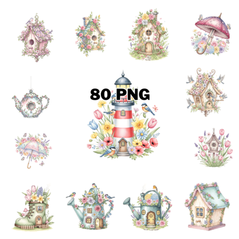 Whimsical Watercolor Birdhouse & Fairy Garden Sublimation Clipart Bundle cover image.
