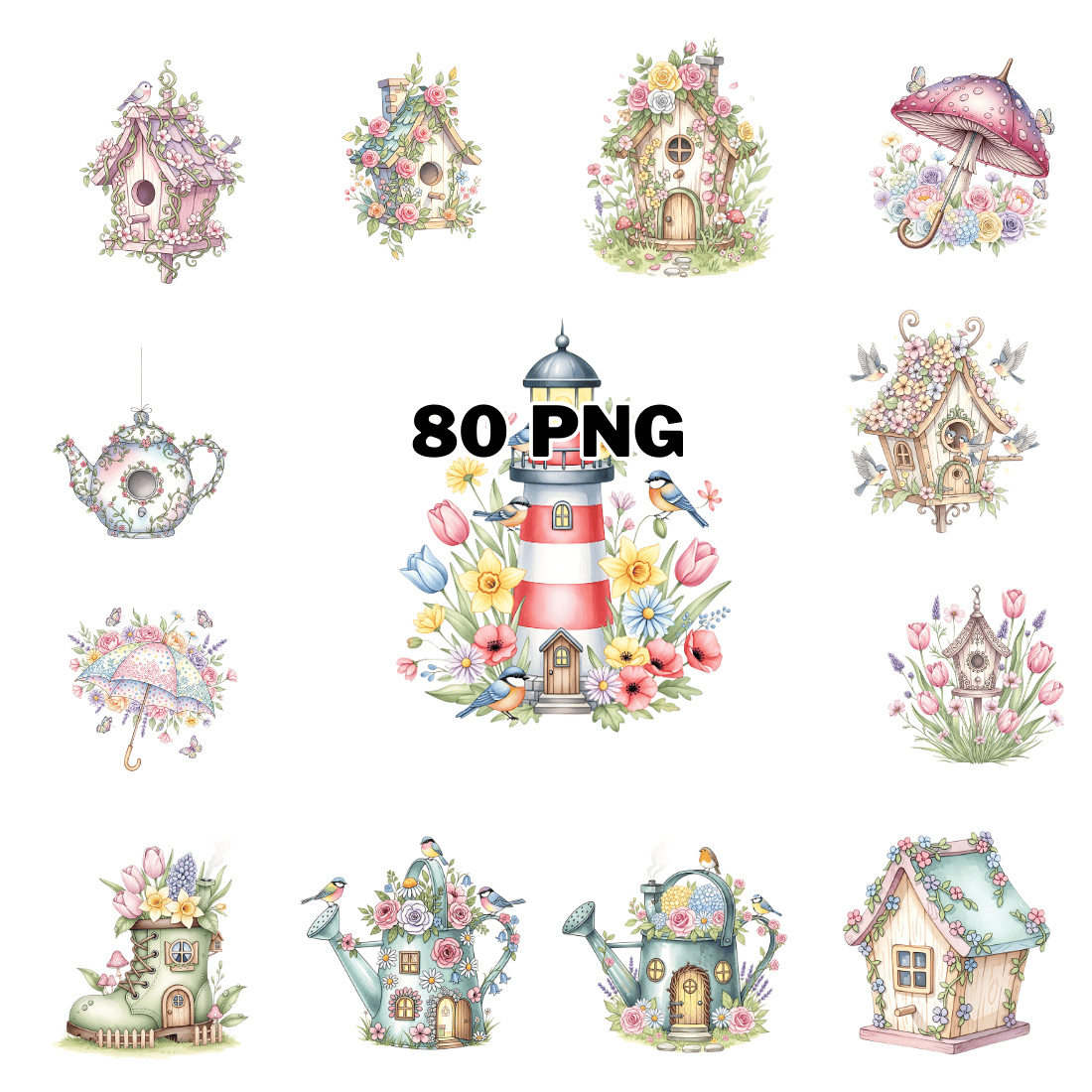 Whimsical Watercolor Birdhouse & Fairy Garden Sublimation Clipart ...