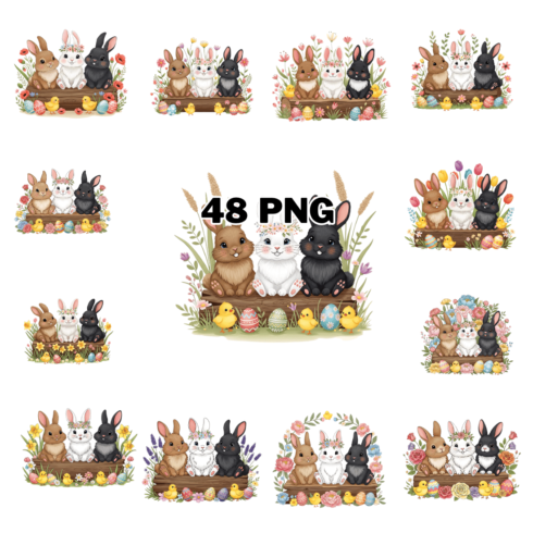 Three Cute Bunnies Sitting on Wooden Log Sublimation Clipart Bundle cover image.