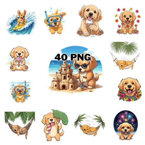 Summer Season Golden Retriever Sublimation Clipart Bundle cover image.