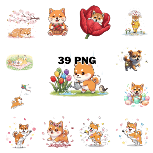 Adorable Spring Season Shiba Inu Puppy Sublimation Clipart Bundle cover image.