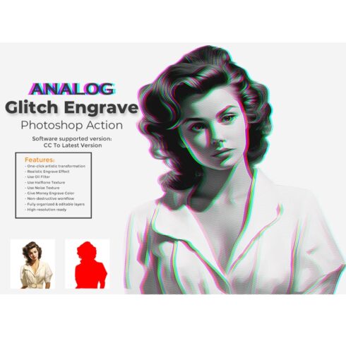Analog Glitch Engrave Photoshop Action cover image.