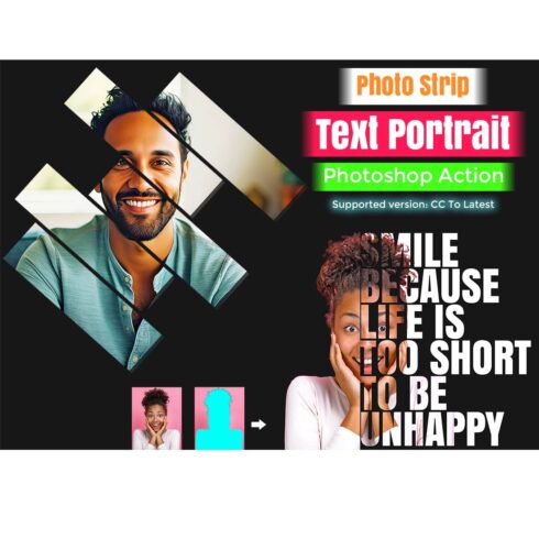 Photo Strip Text Portrait Photoshop Action cover image.