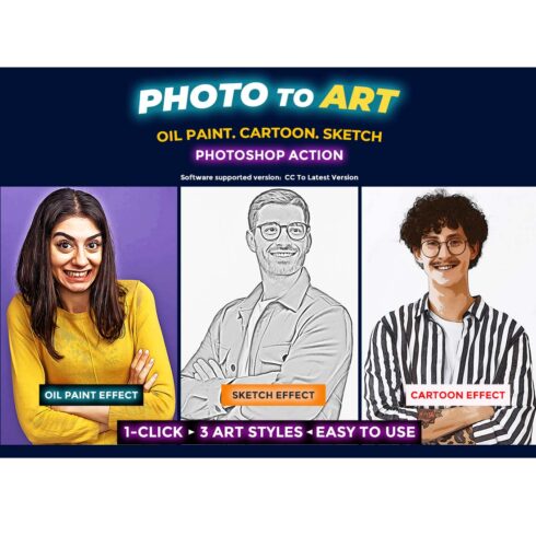 Photo to Art Oil Paint, Cartoon & Sketch Photoshop Action cover image.