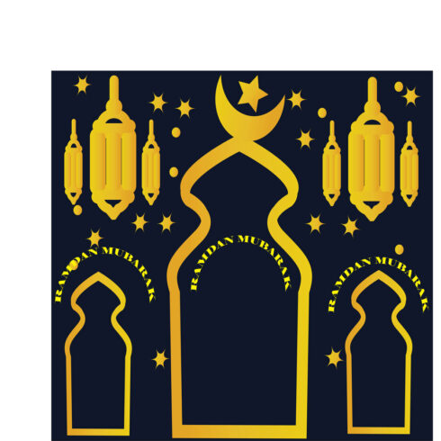 Elegant Ramadan Mubarak Islamic greeting card with mosque silhouette crescent moon golden lights spiritual festive background cover image.