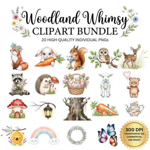 Whimsical Woodland Friends Clipart: 20 Watercolor Animals & Mushroom Houses Bundle cover image.