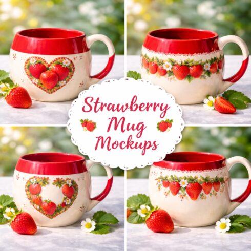 Strawberry Lovers Coffee Tea Mug Mockup – Vintage Red Cream Strawberry Pattern Cup Design cover image.