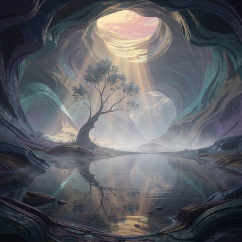 Beautiful Surreal Abstract Cave Background with Lake Reflections, Tree and Sky cover image.