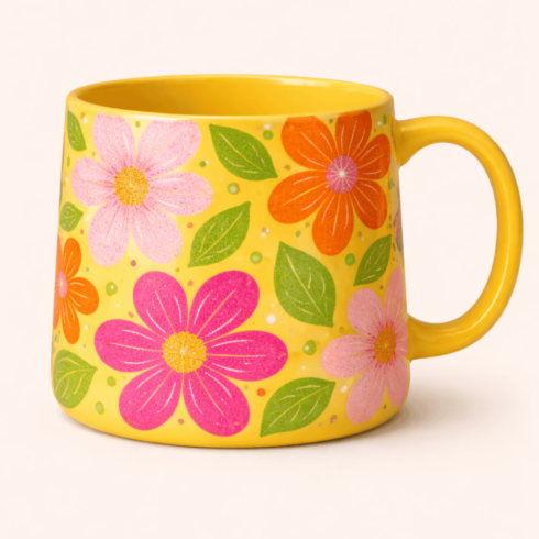 Vibrant Blossom Shine – Yellow Orange Floral Mug Mockup Duo cover image.