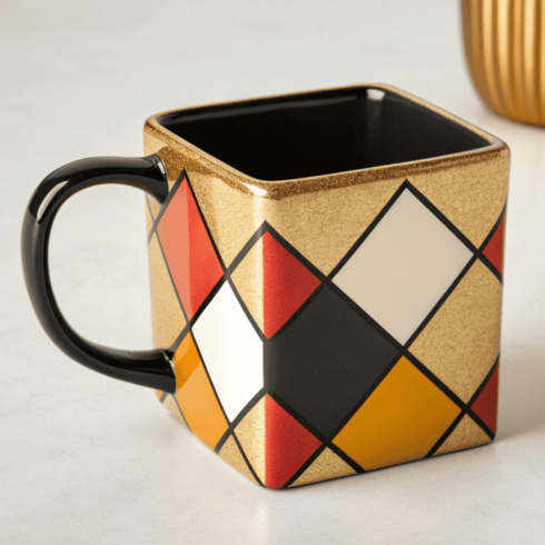 “Modern Art Mug Pair – Red, Mustard Yellow & Black Geometric Style” cover image.