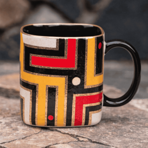 “Shimmering Multicolor Modern Geometric Mug Mockup with Golden Lining” cover image.