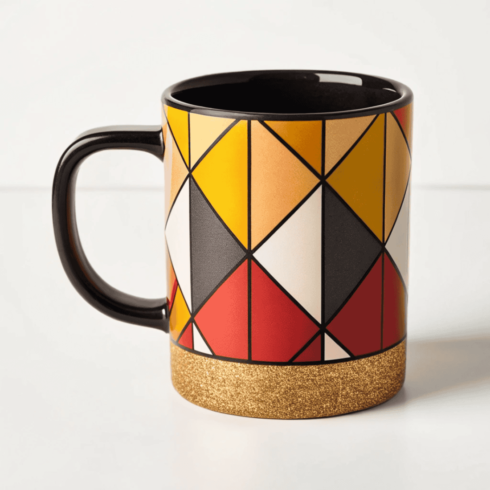 “Modern Art Mug Pair – Red, Mustard Yellow & Black Geometric Style” cover image.