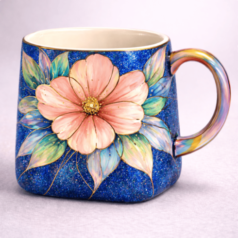"Radiant Floral Elegance: Glittery Artistic Blue & black Mug Duo " cover image.