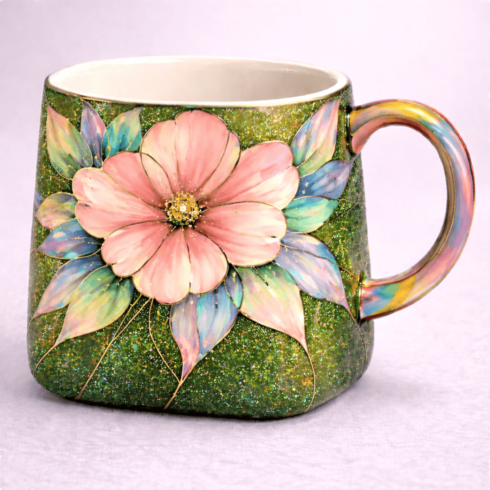"Radiant Floral Elegance: Glittery Artistic Green & Mustard Yellow Mug Duo" cover image.
