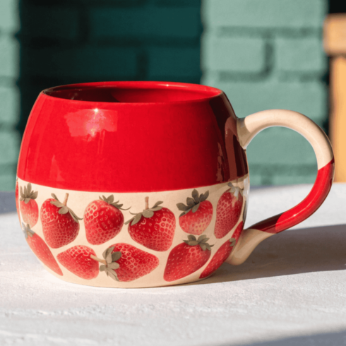Strawberry Lovers Coffee & Tea Mug Mockup – Red Cream Cups with Strawberry Pattern cover image.
